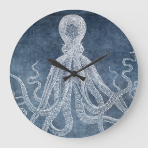 Vintage Octopus Twilight Blue Denim Watercolor Squ Große Wanduhr