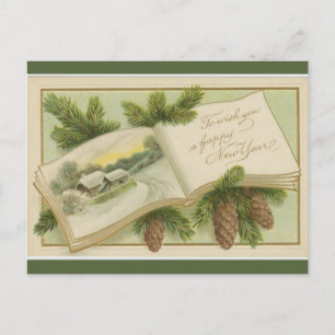 Vintage offenes Buch und Pinienzapfen Frohes Neues Postkarte