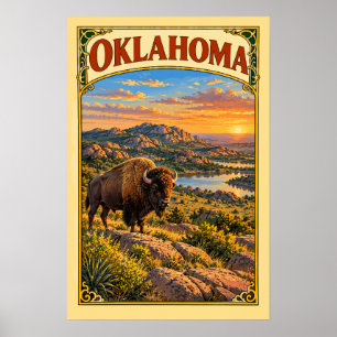 Vintage Oklahoma Wichita Mountains Bison Reise Poster