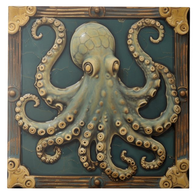 Vintage-Oktopus 3D-Effekt Nautilus Aquatisch Fliese (Vorderseite)