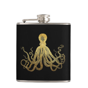 Vintage-Oktopus Gold-Schwarze Tinte Küsten-Nautik Flachmann