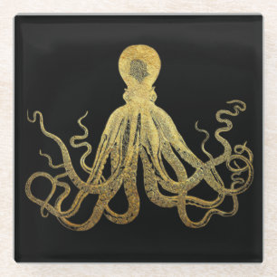 Vintage-Oktopus Gold-Schwarze Tinte Küsten-Nautik Glasuntersetzer