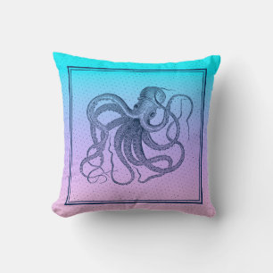 Vintage Oktopus-Illustration in Rosa bis Blau Kissen