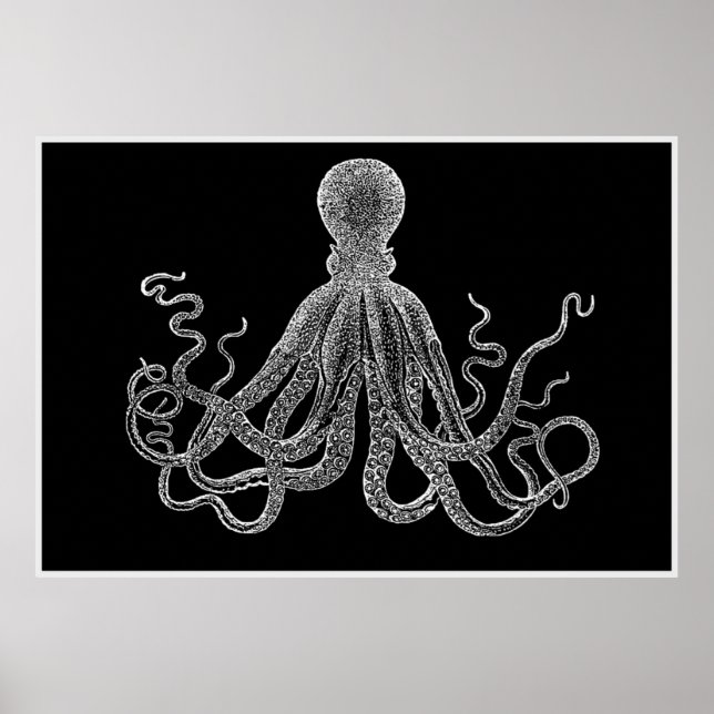 Vintage Oktopus in Schwarz-Weiß-Poster Poster (Vorne)