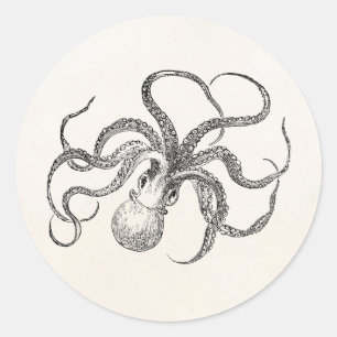 Vintage-Oktopus-Schablone auf antikes Papier Runder Aufkleber