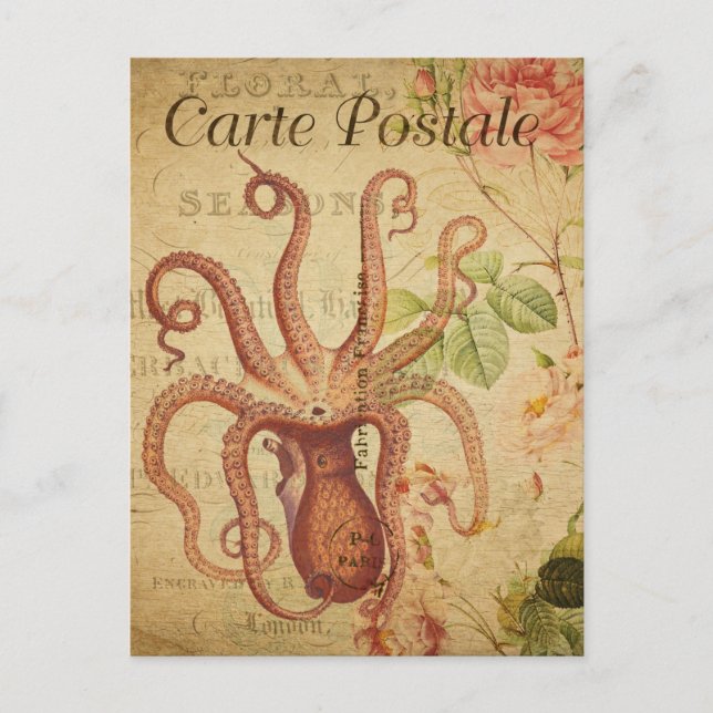 Vintage Oktopus, Tintenfisch Marine Life Animal Fr Postkarte (Vorderseite)