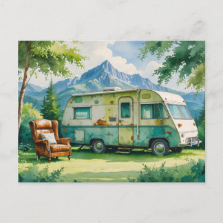 Vintage Old Camper and Leather Chair in Mountains  Postkarte
