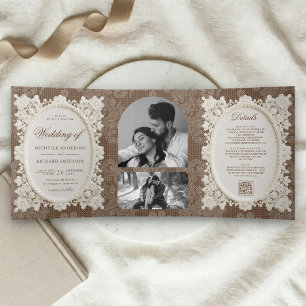 Vintage Old Money Braun Elfenbein-Spitzen-Hochzeit Dreifach Gefaltete Einladung