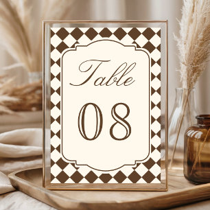 Vintage-Old-Money-Elfenbein-Braun kariert Hochzeit Tischnummer