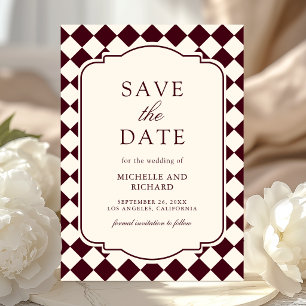Vintage-Old-Money-Elfenbein-Burgunder-Schachbrett- Save The Date