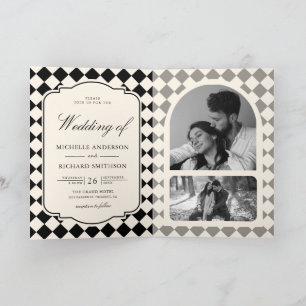 Vintage Old Money Elfenbein-Schachbrett-Hochzeit Einladung