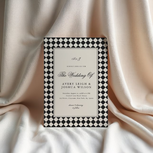 Vintage Old Money Preppy Checkered Photo Wedding Einladung (Von Creator hochgeladen)