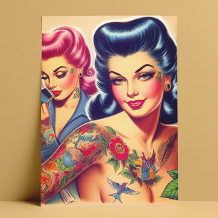 Vintage Old School Tattoo Mädchen Postkarte