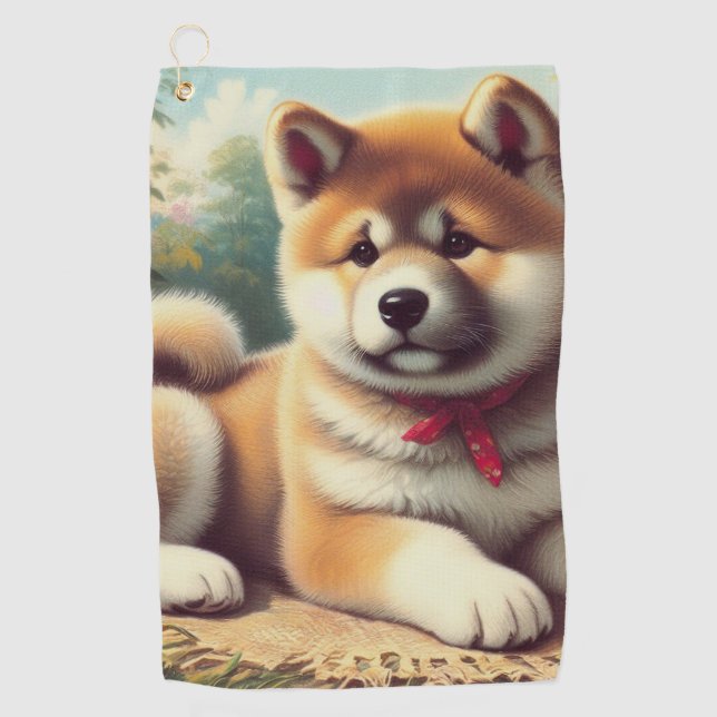 Vintage Ölgemälde Akita Golfhandtuch (Vorderseite)