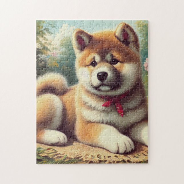 Vintage Ölgemälde Akita Puzzle (Vertikal)