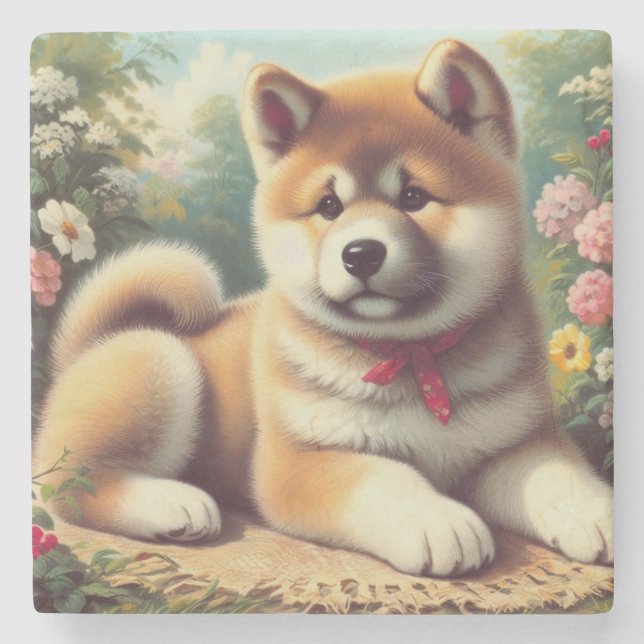 Vintage Ölgemälde Akita Steinuntersetzer (Vorderseite)