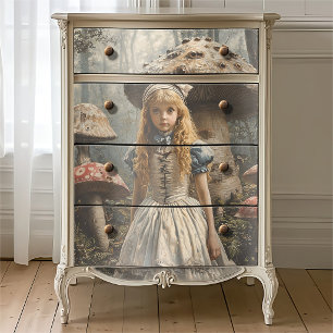 Vintage-Ölgemälde Alice Surrealistischer Pilzwald Seidenpapier