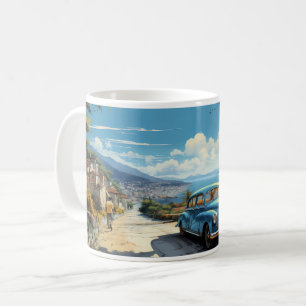 Vintage Ölgemälde an Strand, Auto und Stadt Kaffeetasse