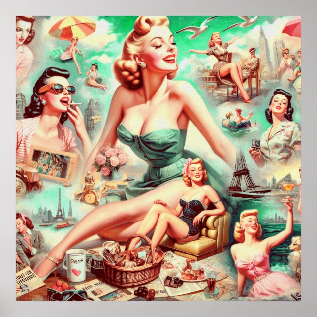 Vintage-Ölgemälde-Collage Pin Up Poster (Vorne)