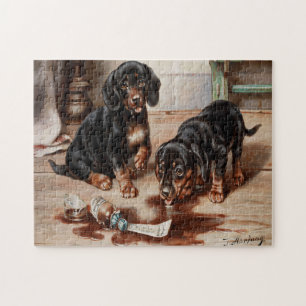 Vintage-Ölgemälde von Carl Reichert's Hunden Puzzle
