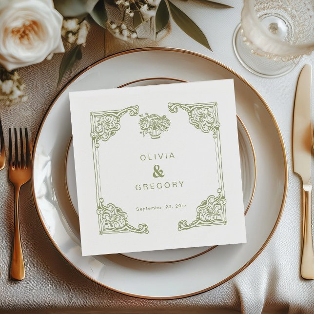 Vintage Olive Green Antique Frame Wedding Serviette (Von Creator hochgeladen)