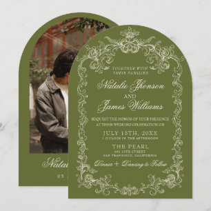 Vintage Oliven Grün Old Money Foto Gebogene Hochze Einladung