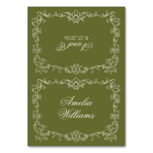 Vintage Oliven-Grün Old Money Hochzeitsplatzkarten Tischnummer