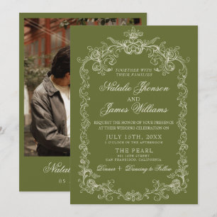 Vintage Oliven Grün Old Money Retro Hochzeit Einladung