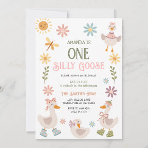 Vintage One Silly Goose Daisy Floral 1. Geburtstag Einladung