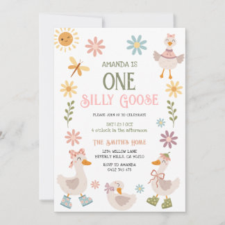 Vintage One Silly Goose Daisy Floral 1. Geburtstag Einladung