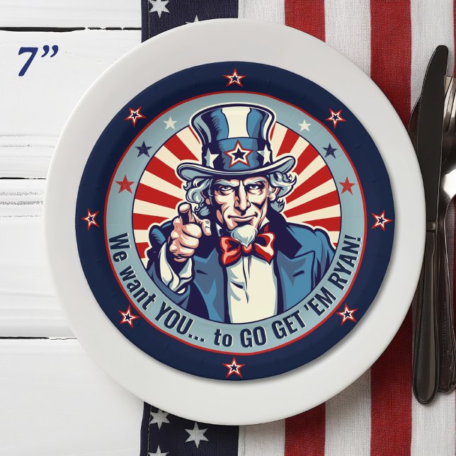 Vintage Onkel Sam Militär-Abschiedsparty 7"  Pappteller (Vintage Uncle Sam patriotic US flag stars stripes military going away party table decor paper plates)
