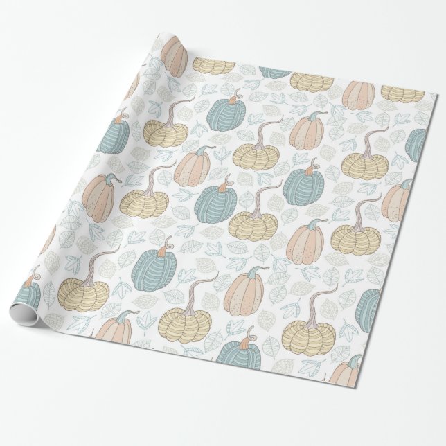 Vintage Orange Aquamarin Pumpkins Herbstlaube auf  Geschenkpapier (Ungerollt)