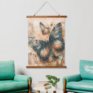 Vintage Orange Butterfliegen Wandteppich Mit Holzrahmen
