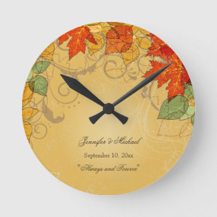 Vintage orange gold fall leaves wedding clock runde wanduhr