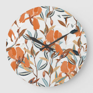Vintage Orange Iris Blumenmuster Große Wanduhr
