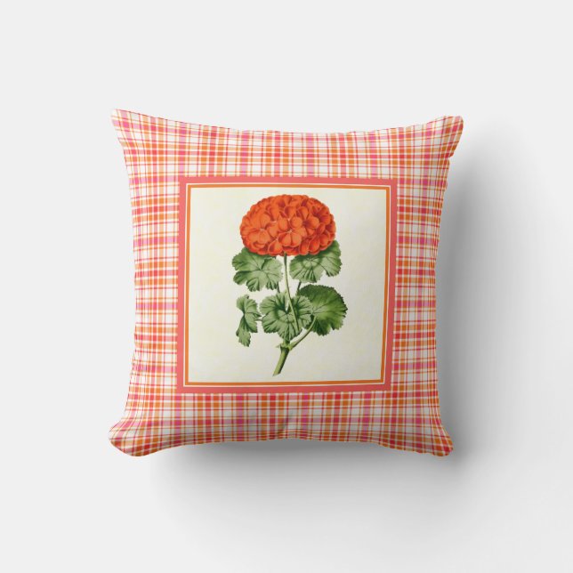 Vintage orange Pelargonie mit karierter Kissen (Vorderseite)