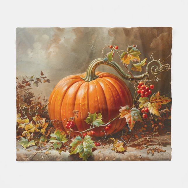 Vintage Orange Pumpkin Malerei Fleecedecke (Vorderseite (Horizontal))
