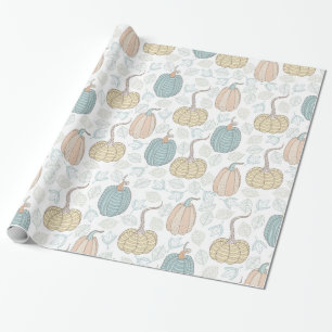 Vintage Orange Teal Kürbisse Herbstlaub auf Weiß Geschenkpapier