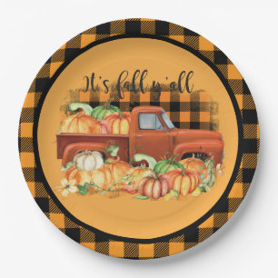 Vintage Orange Truck Herbst Kürbisse Büffel Karo P Pappteller