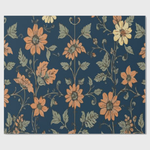 Vintage Orange- und Gelb-Blumenmuster auf Dunkel Geschenkpapier