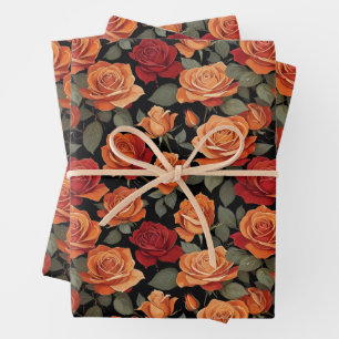 Vintage Orange- und rote Rosen-Blumenverpackungspa Geschenkpapier Set