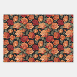 Vintage Orange- und rote Rosen-Blumenverpackungspa Geschenkpapier Set