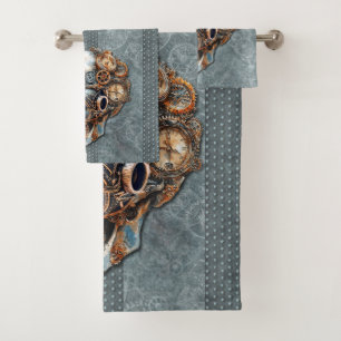 Vintage Orange und Tealgrauer Steampunk-Schädel Badhandtuch Set