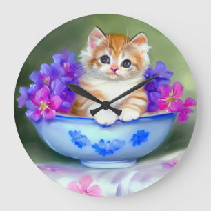 Vintage Orange- und White Kitten-Illustration Große Wanduhr