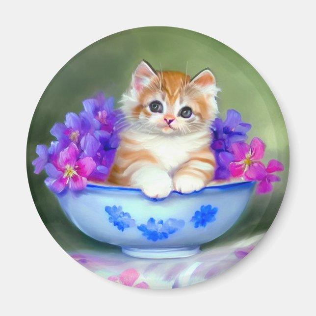 Vintage Orange- und White Kitten-Illustration Magnet (Vorne)