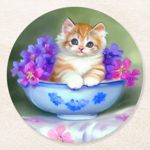 Vintage Orange- und White Kitten-Illustration Runder Pappuntersetzer