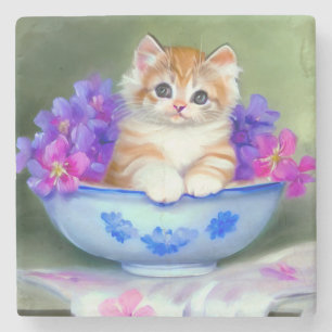 Vintage Orange- und White Kitten-Illustration Steinuntersetzer
