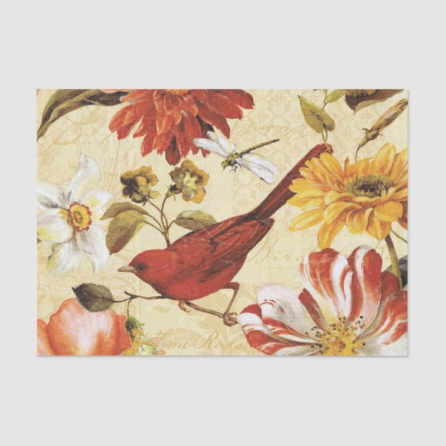 Vintage orange weiße rote Vogelmit blumenlibelle Seidenpapier (Vorderseite)