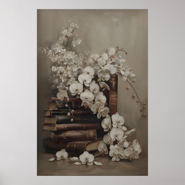 Vintage-Orchidee und antike Bücher Kunstprint Poster (Vorne)
