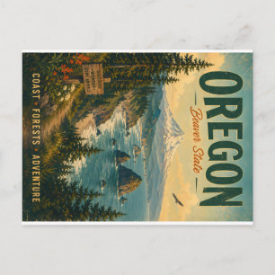 Vintage-Oregon-Küsten- und Waldlandschaftsabenteue Feiertagspostkarte